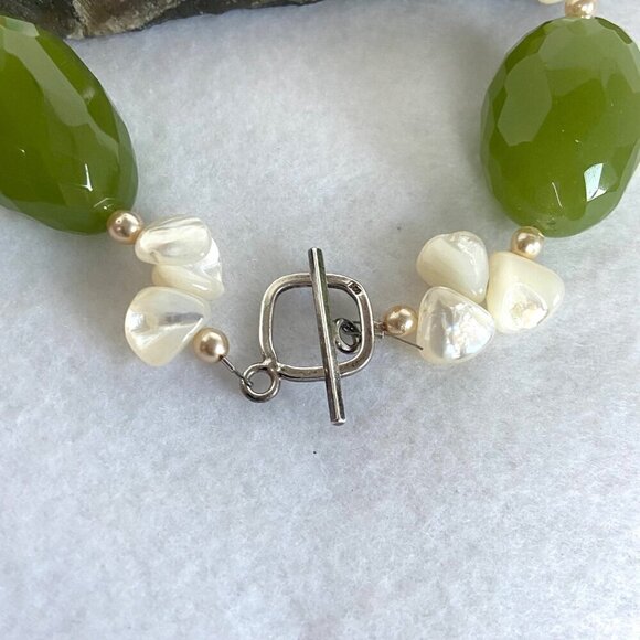 Sterling Silver 925 Beaded Oval Faceted Chrysoprase MOP & Pearl Necklace 17.5" - Picture 8 of 16